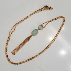 Long gold aqua stone necklace with chain tassel